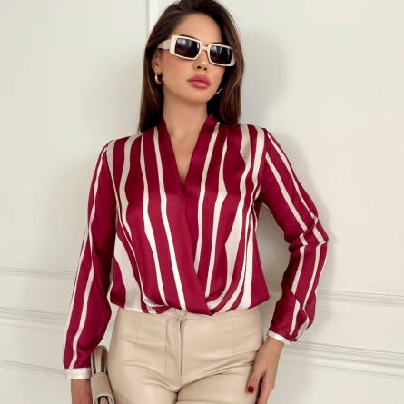 Wrap Blouse with Vertical Burgundy Stripes