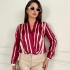 Wrap Blouse with Vertical Burgundy Stripes