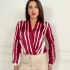 Wrap Blouse with Vertical Burgundy Stripes