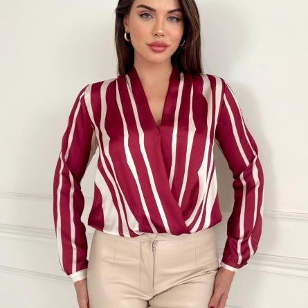 Wrap Blouse with Vertical Burgundy Stripes