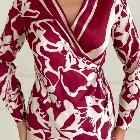 Wrap Blouse with Burgundy Abstract Floral Print