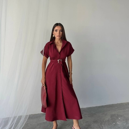Burgundy Midi Shirt Dress with Belt and Metal Buttons