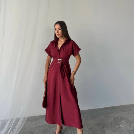 Burgundy Midi Shirt Dress with Belt and Metal Buttons