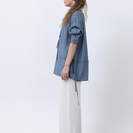 Cămașă indigo cu detalii &icirc;ncrețite &icirc;n talie