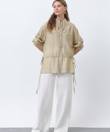 Cămașă oliva cu detalii &icirc;ncrețite &icirc;n talie