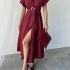 Burgundy Midi Shirt Dress with Belt and Metal Buttons