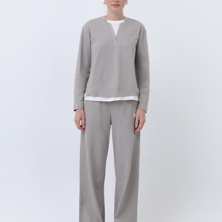 Gray Cotton Hoodie with White Neckline