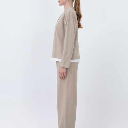 Beige Cotton Hoodie with White Neckline