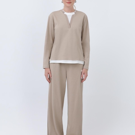 Beige Cotton Hoodie with White Neckline