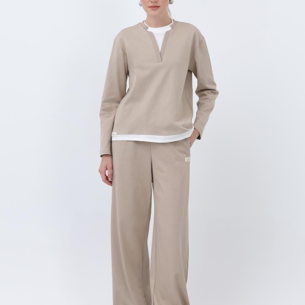 Beige Cotton Hoodie with White Neckline