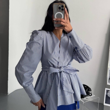 Navy Striped Blouse with V-Neck and Oversized Front Tie