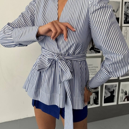 Navy Striped Blouse with V-Neck and Oversized Front Tie