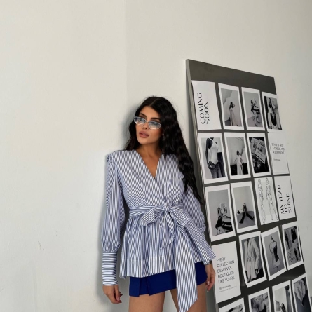 Navy Striped Blouse with V-Neck and Oversized Front Tie