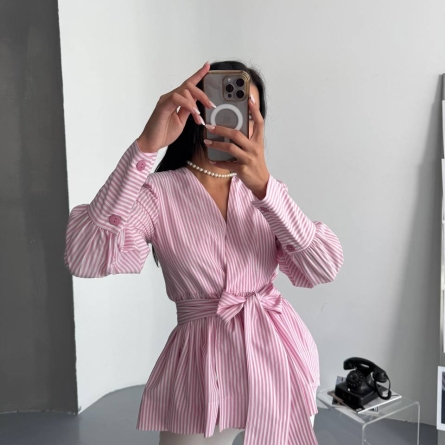 Pink Striped Blouse with V-Neck and Waist Bow