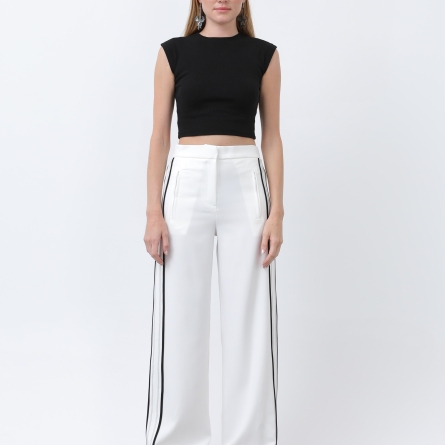 Pantaloni damă albi cu dungi laterale