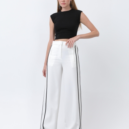 Pantaloni damă albi cu dungi laterale