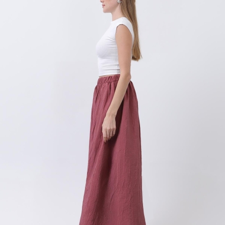 Fustă rose midi evazată cu talie elastică