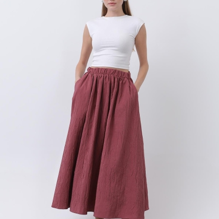 Fustă rose midi evazată cu talie elastică