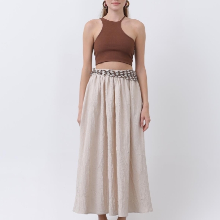 Fustă bej midi evazată cu talie elastică