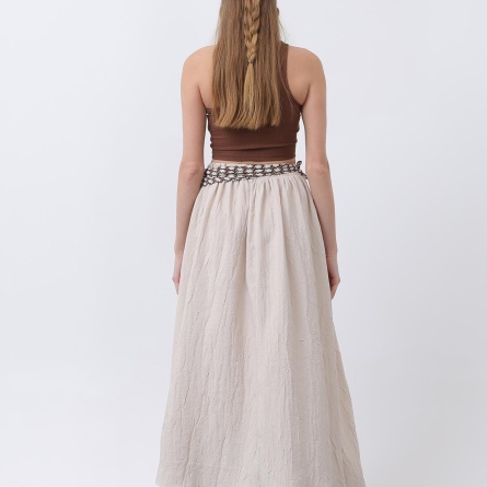 Fustă bej midi evazată cu talie elastică