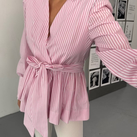 Pink Striped Blouse with V-Neck and Waist Bow