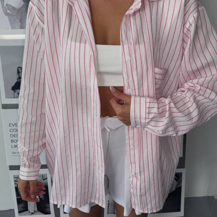 Oversized White Shirt with Pink Stripes and Metallic Thread