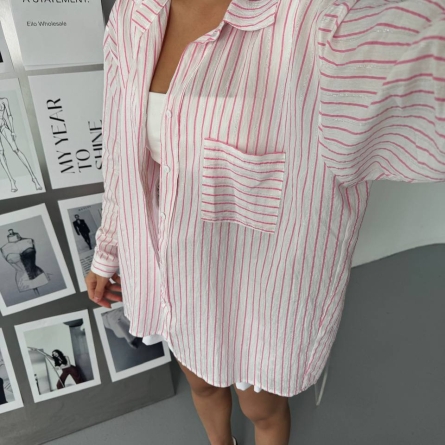 Oversized White Shirt with Pink Stripes and Metallic Thread
