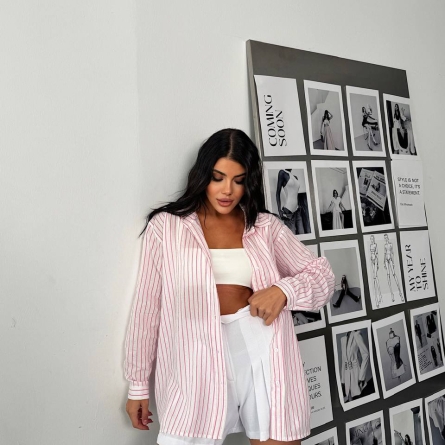 Oversized White Shirt with Pink Stripes and Metallic Thread