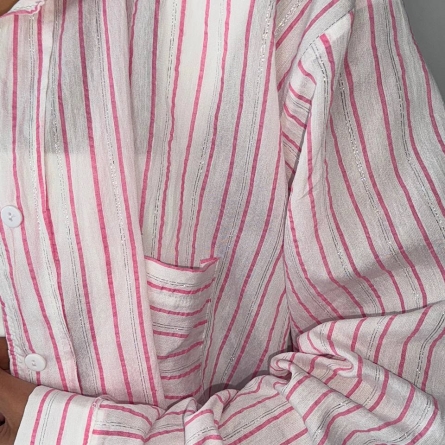 Oversized White Shirt with Pink Stripes and Metallic Thread