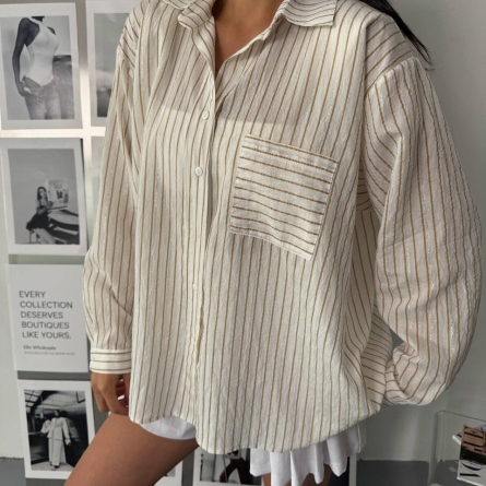 Cămașă Oversize &icirc;n Dungi Crem