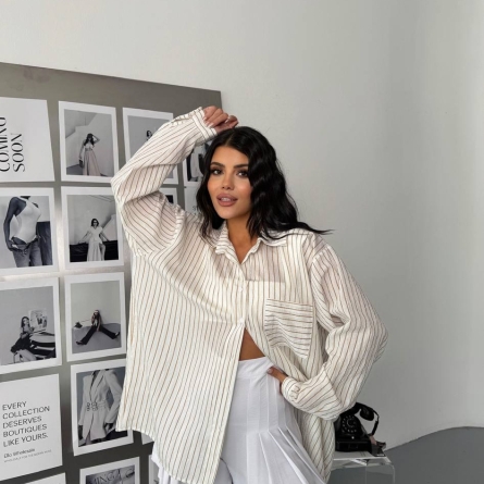 Cămașă Oversize &icirc;n Dungi Crem