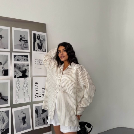 Cămașă Oversize &icirc;n Dungi Crem