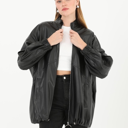 Geacă maro din piele ecologică oversize