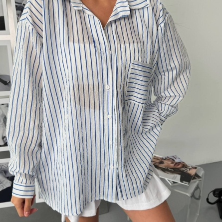 Oversized White Shirt with Blue Stripes and Metallic Thread