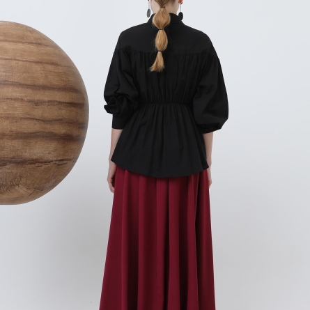 Cămașă neagră din bumbac cu detalii &icirc;ncrețite