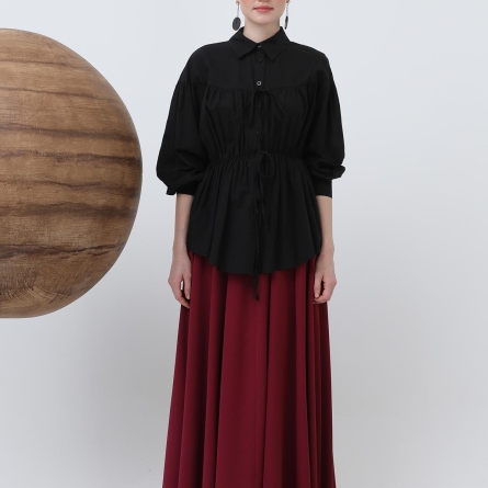 Cămașă neagră din bumbac cu detalii &icirc;ncrețite