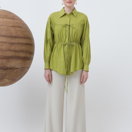 Cămașă verde din bumbac cu detalii &icirc;ncrețite