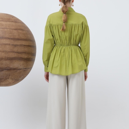 Cămașă verde din bumbac cu detalii &icirc;ncrețite