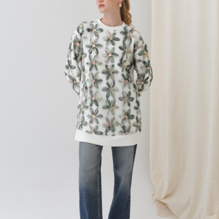 Бело-хаки туника с 3D цветочным принтом