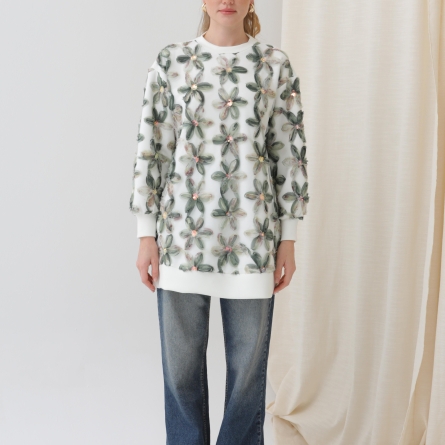 Бело-хаки туника с 3D цветочным принтом