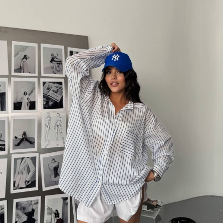 Oversized White Shirt with Blue Stripes and Metallic Thread