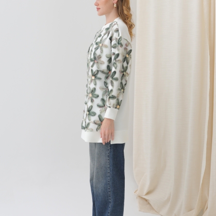 Бело-хаки туника с 3D цветочным принтом