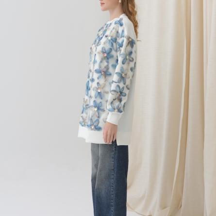 Tunică alb-albastru cu imprimeu floral 3D