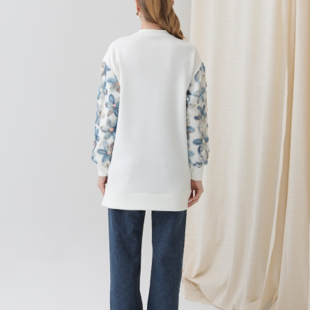 Tunică alb-albastru cu imprimeu floral 3D