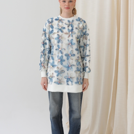 Tunică alb-albastru cu imprimeu floral 3D