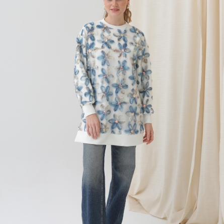 Tunică alb-albastru cu imprimeu floral 3D