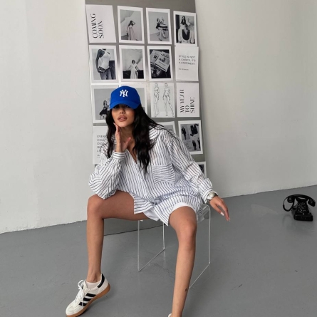 Oversized White Shirt with Blue Stripes and Metallic Thread