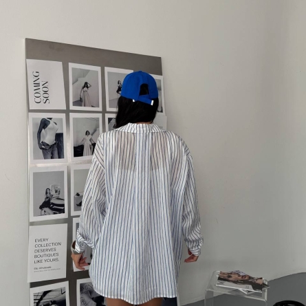 Oversized White Shirt with Blue Stripes and Metallic Thread
