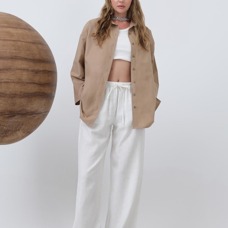 Beige oversized cotton shirt with buttons