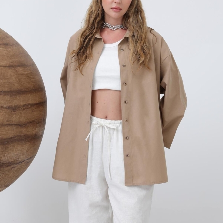 Beige oversized cotton shirt with buttons